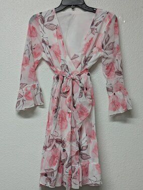 Women's Floral Chiffon Wrap V-Neck Quarter Sleeve Ruffle Hem Lace Mini Dress